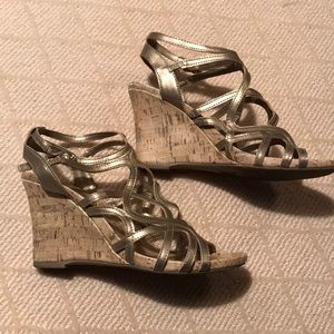 Strappy Golden Cork-Wedge Sandals